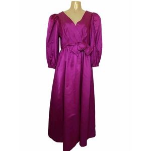 Victoria Royal Ltd Gown Maxi Dress Satin V neck Balloon Sleeve Fuchsia B…